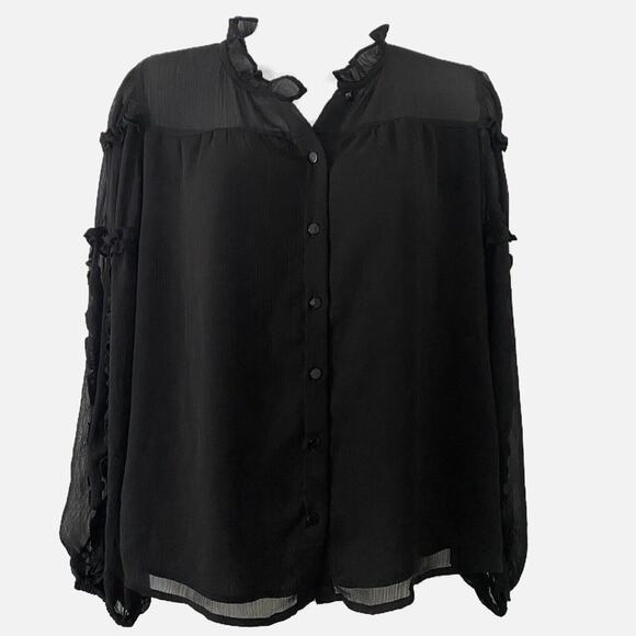 5/$25 CeCe Ruffle Sheer Lined Button Up Black Dressy Blouse Top Size XS - Picture 1 of 7